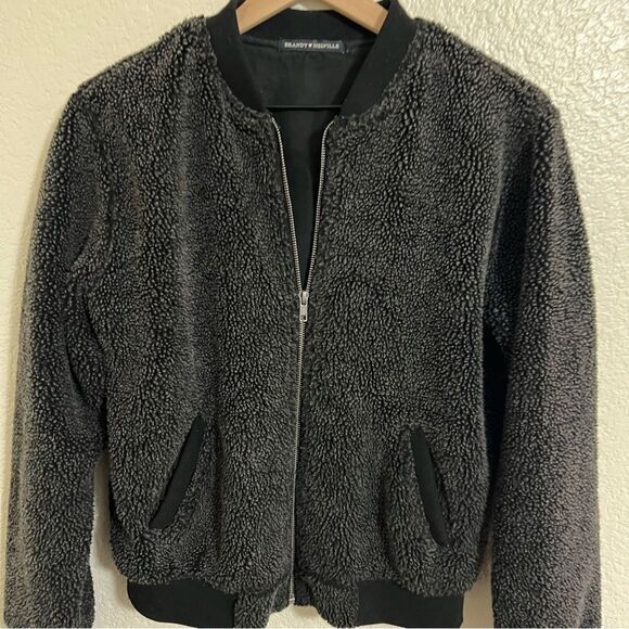 Brandy Melville Fuzzy Teddy Sherpa Bomber Jacket Gray Black Zip Up Coat Size S - Picture 6 of 11